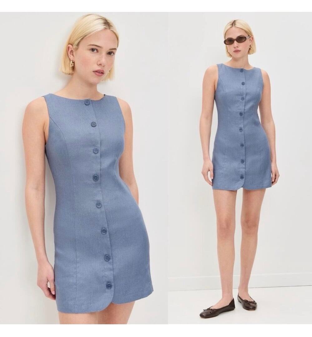 Reformation Blue Solid Shift Short Dress Sleeveless Button Front Round Neck 10
